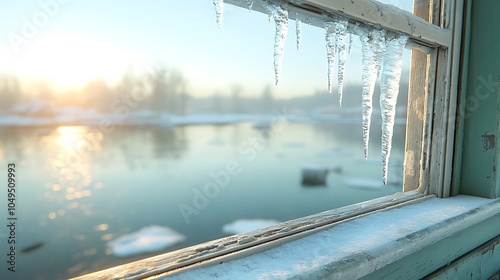 Icicles glimmering in the morning sunlight through a frosty window overlooking the snow-covered landscape and still water