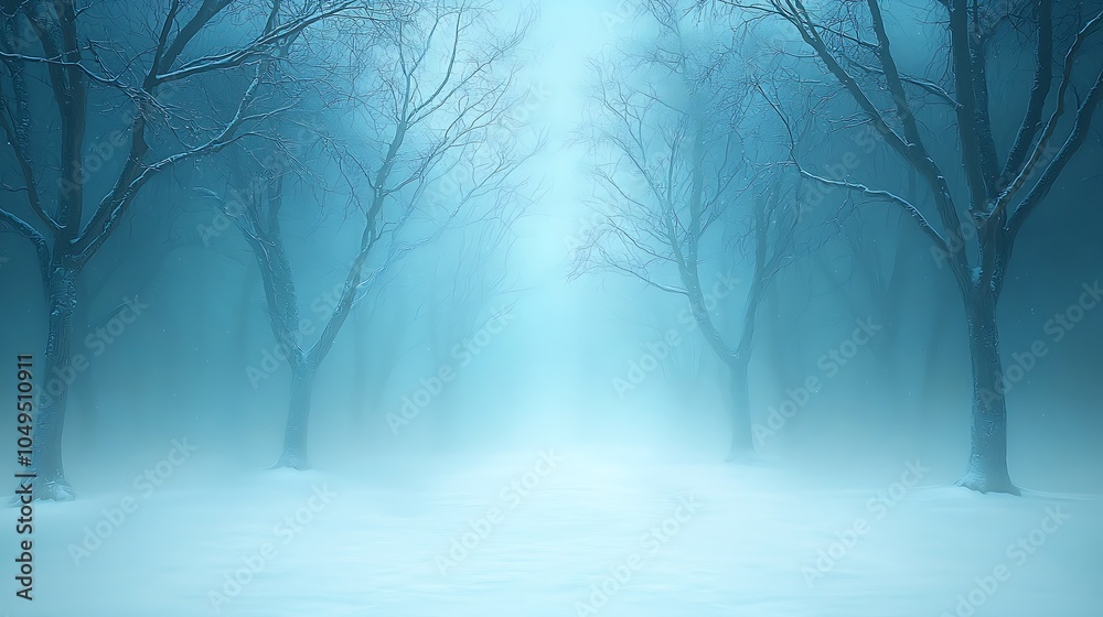Fototapeta premium Enigmatic winter landscape a serene path through frosted trees in a mysterious foggy atmosphere