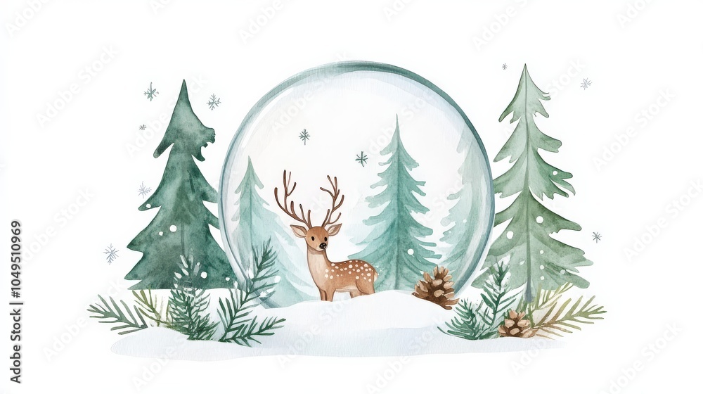 Fototapeta premium Winter landscape with a deer in a snow globe surrounded by pine trees and snowflakes, creating a festive, magical winter scene.
