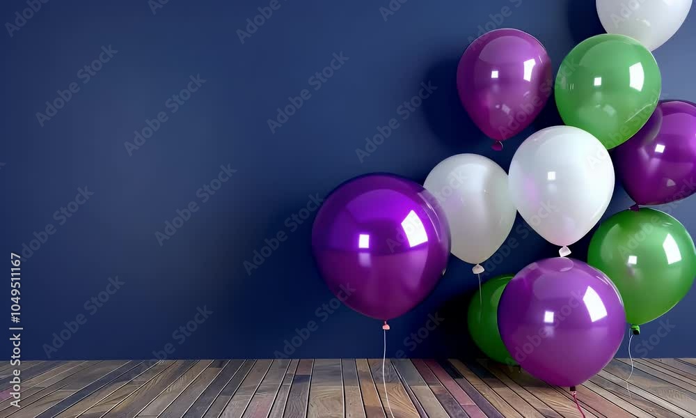 
Create an empty dark blue wall with white, purple and green balloons on the right side of it