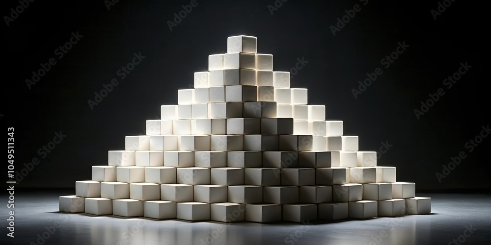A minimalist pyramid of white cubes illuminated by a spotlight, casting long shadows on a dark background. A minimalist pyramid of white cubes illuminated by a spotlight, casting long shadows on a dark background.