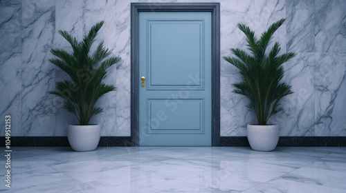 Serene Entrance: A tranquil scene of a light blue door framed by marble walls and flanked by potted palm plants. Perfect for adding a touch of elegance and sophistication. 