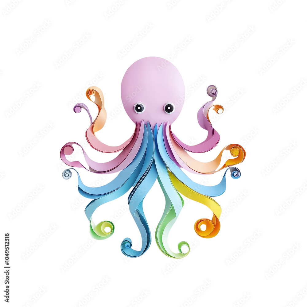 A multicolored paper art squid, isolate on white background, featuring layered textures and artistic design. PNG