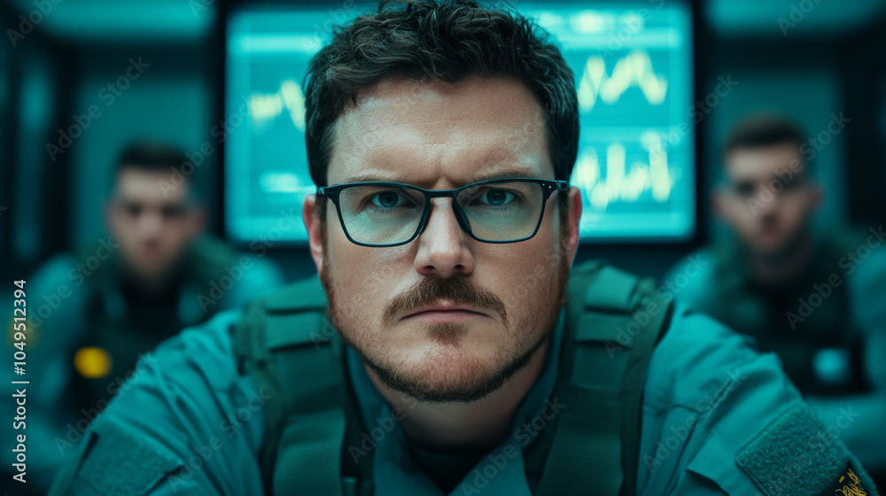 Intense Focus: A determined man in a blue uniform stares directly at the camera, his serious expression and focused gaze suggesting a high-stakes situation. Intense Focus: A determined man in a blue uniform stares directly at the camera, his serious expression and focused gaze suggesting a high-stakes situation.