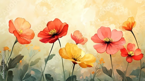 Fotografía A vibrant painting of colorful flowers swaying gently, showcasing shades of red, pink, and yellow against a soft, warm background