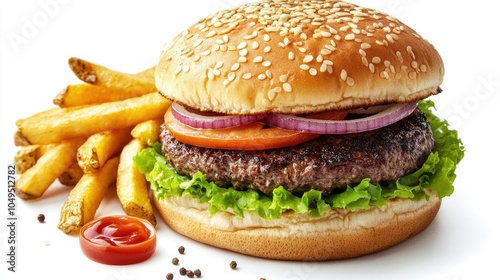 A well-done beef burger with crunchy fries, isolated on a transparent background