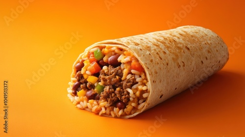 Delicious Burrito with Rice and Beans on Orange Background photo