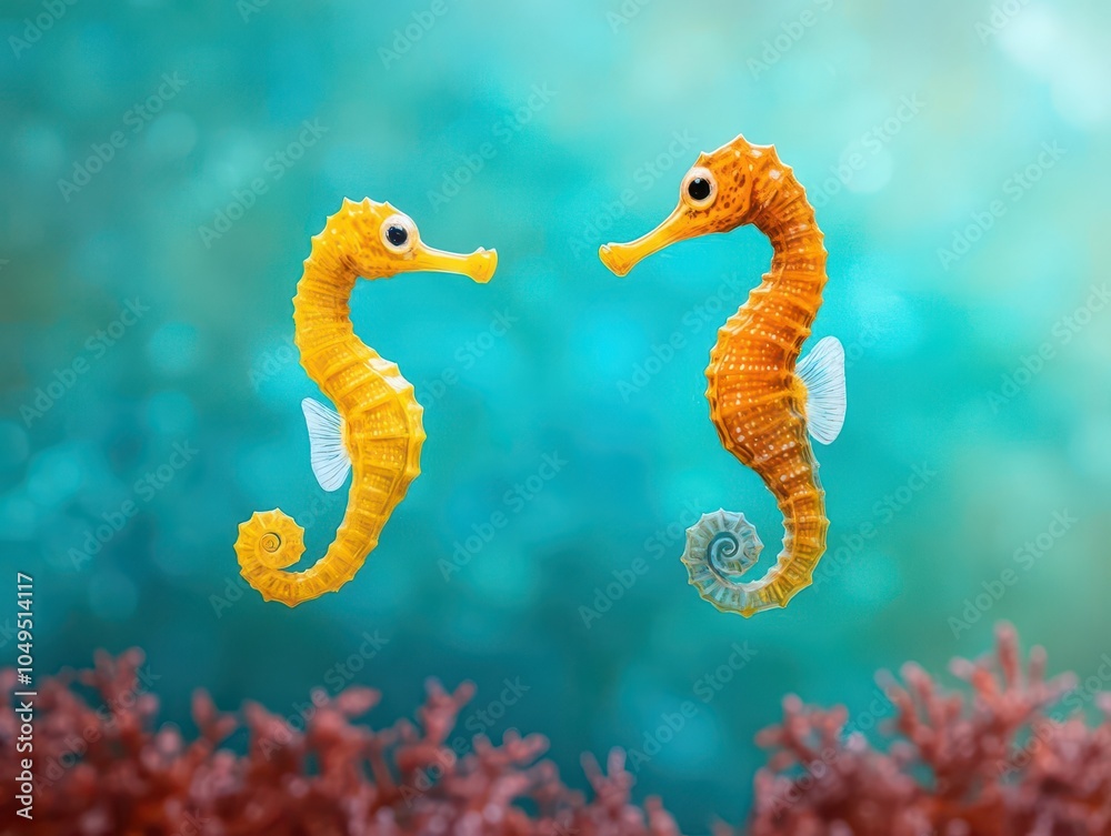 Enchanting acrylicpainted seahorses floating gracefully in an oceanic wonderland filled with swirling shades of turquoise and coral Enchanting acrylicpainted seahorses floating gracefully in an oceanic wonderland filled with swirling shades of turquoise and coral