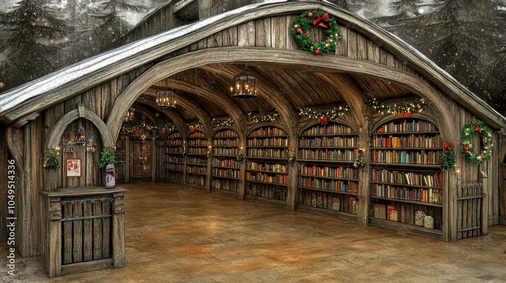 Fototapeta premium Explore the enchanting charm of a cozy holiday-themed library surrounded by nature's beauty