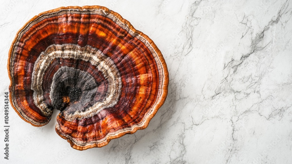Striking Reishi Mushroom on Marble Surface Striking Reishi Mushroom on Marble Surface