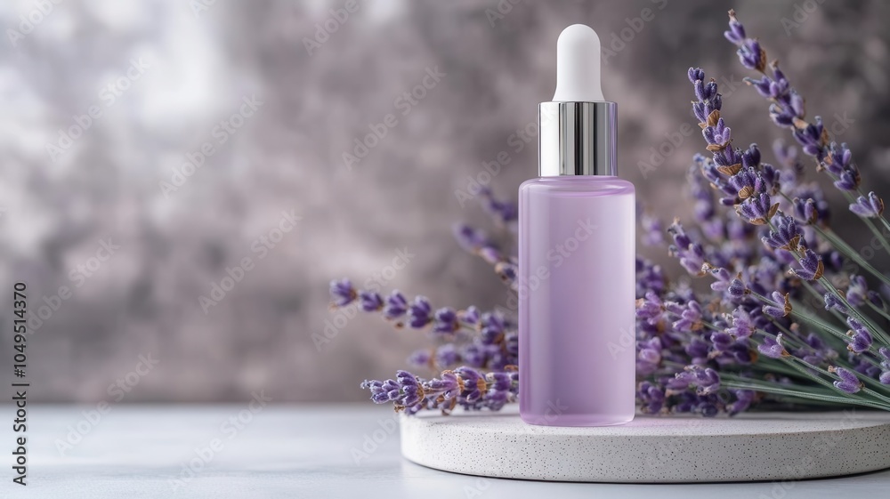 Front view lavender water with lavender sprigs on a minimalist background, skincare ingredient with text space Front view lavender water with lavender sprigs on a minimalist background, skincare ingredient with text space