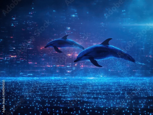 Dolphins leaping through bioluminescent waves at twilight, Futuristic, Cool tones, Digital painting, Glowing ocean with reflective water surface photo