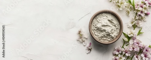 Front view kaolin clay with small bowl and flowers on light background, skincare ingredient with space for text