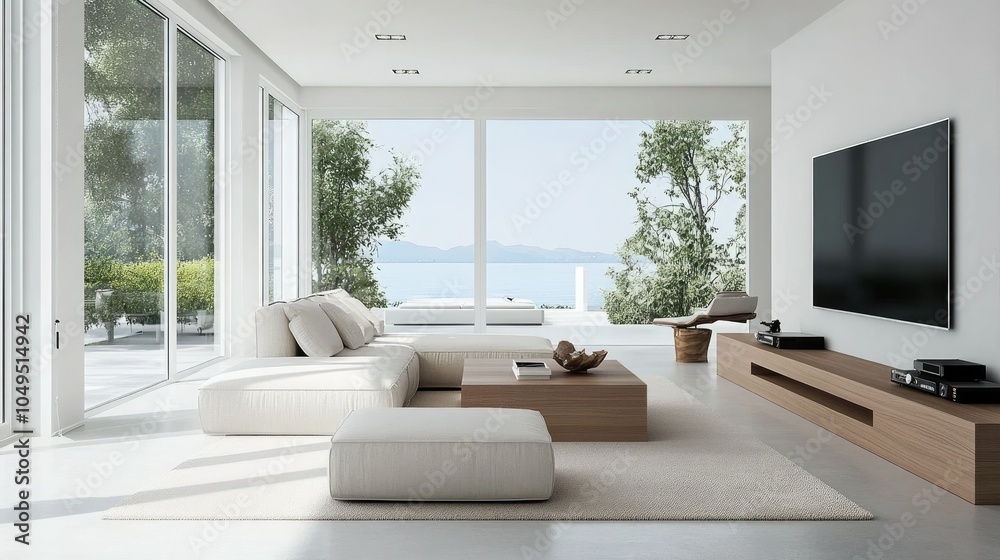 Fototapeta premium Clean and airy living room design with a focus on simplicity and modern minimalist furniture
