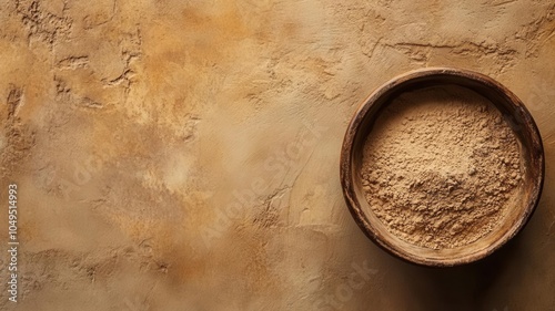 Top view rhassoul clay powder with stone texture and copy space, skincare banner photo