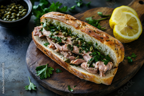 Delicious tuna sandwiches with fresh herbs on a rustic wooden board served with capers and lemon photo