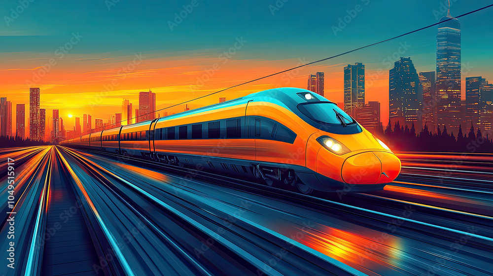 In the evening, the high-speed train running rapidly in the city In the evening, the high-speed train running rapidly in the city