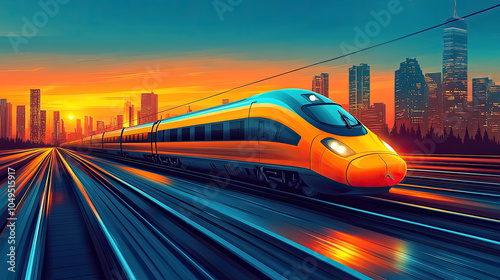 In the evening, the high-speed train running rapidly in the city