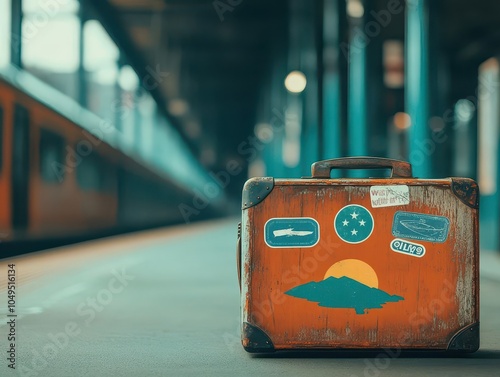 A weathered suitcase with travel stickers on an old train platform background, side view, representing vintage travel stories Wanderlust tone, Tetradic color scheme photo