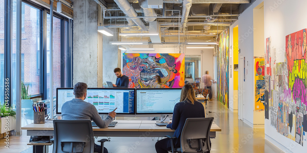 Obraz premium Businesspeople working in modern creative office with colorful street art mural