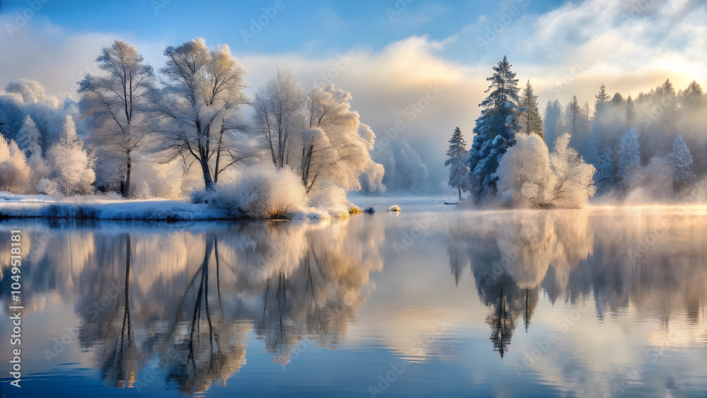 Fototapeta premium Silver Mist Enveloping a Winter Lake. Perfect for: Winter Landscape, Nature Escape
