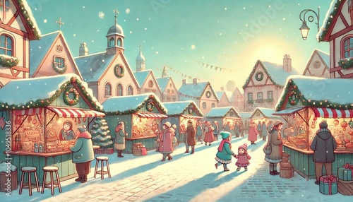 A Lively and Adorable European Christmas Market on a Sunny Winter Day, with Festive Stalls, Handmade Gifts, and Cheerful Decorations in a Soft Storybook-Like Style