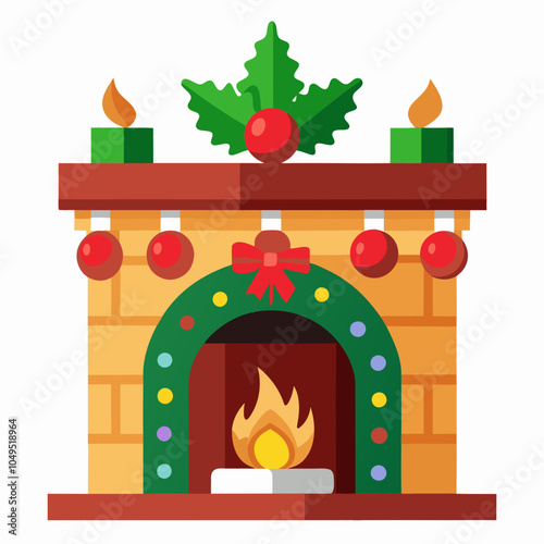 Christmas fireplace mantle vector illustration on white background