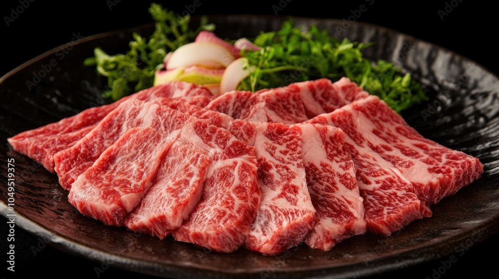 Fresh Lean Beef Cuts on Plate with Garnish Fresh Lean Beef Cuts on Plate with Garnish