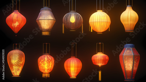 Chinese new year lantern lamp decoration set with transparent background, generative ai. Chinese Lantern Festival. Illustration