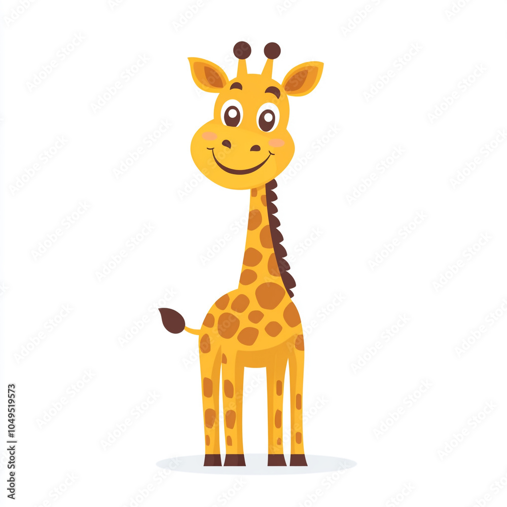 Fototapeta premium A cartoon giraffe with a big smile on its face. The giraffe is standing on a white background