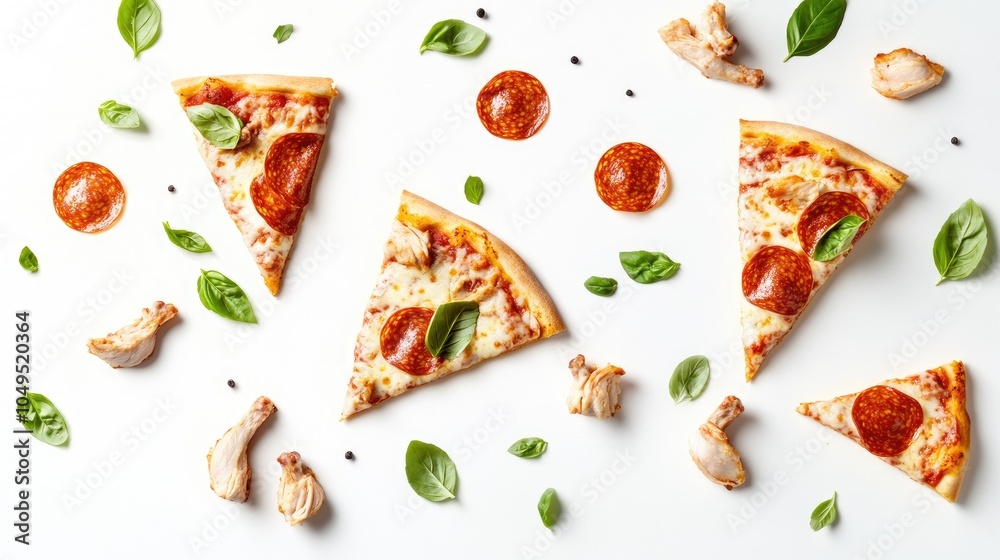 Fresh Pepperoni Pizza Slices with Chicken and Basil