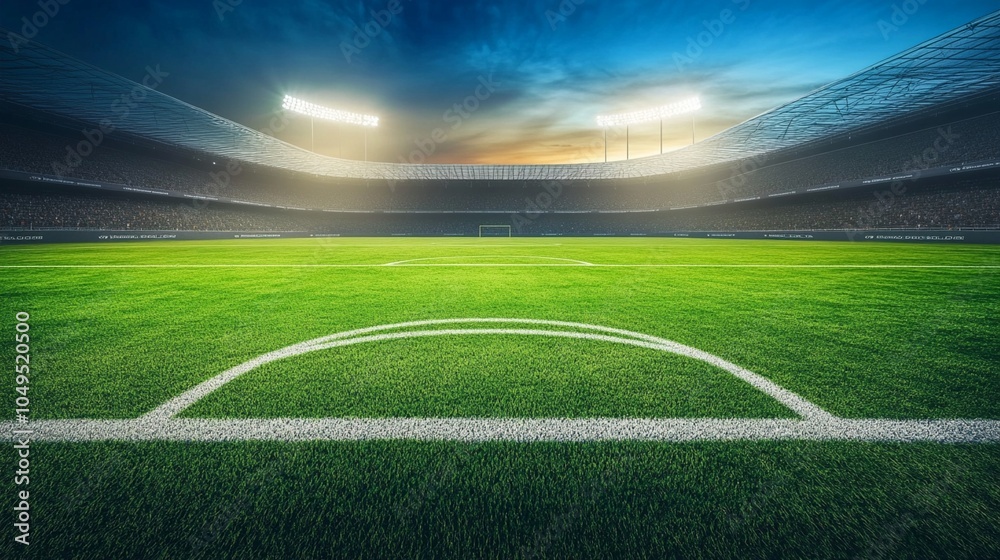 Obraz premium Illuminated soccer stadium at dusk, vibrant green pitch with white markings in foreground. Floodlights pierce through dramatic sky, empty stands await spectators for upcoming match.