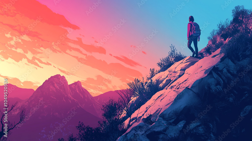 Fototapeta premium Celebrating National Hiking Day with a vibrant sunset hike in the mountains