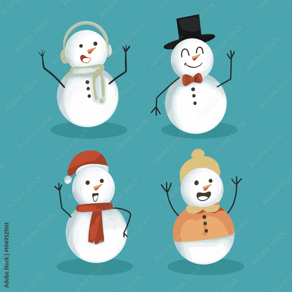 Set of christmas Cheerful snowmen in different costumes and scarf and hat Set of christmas Cheerful snowmen in different costumes and scarf and hat