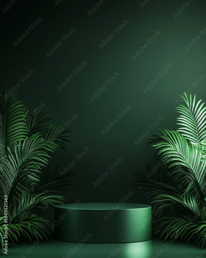 Obraz premium A minimalist podium with green plants on the sides, set against a dark background.