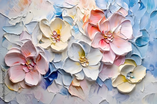 A vibrant, textured painting featuring blooming flowers in soft pastel shades of pink, white, and peach against a light blue background, creating a serene and uplifting atmosphere.