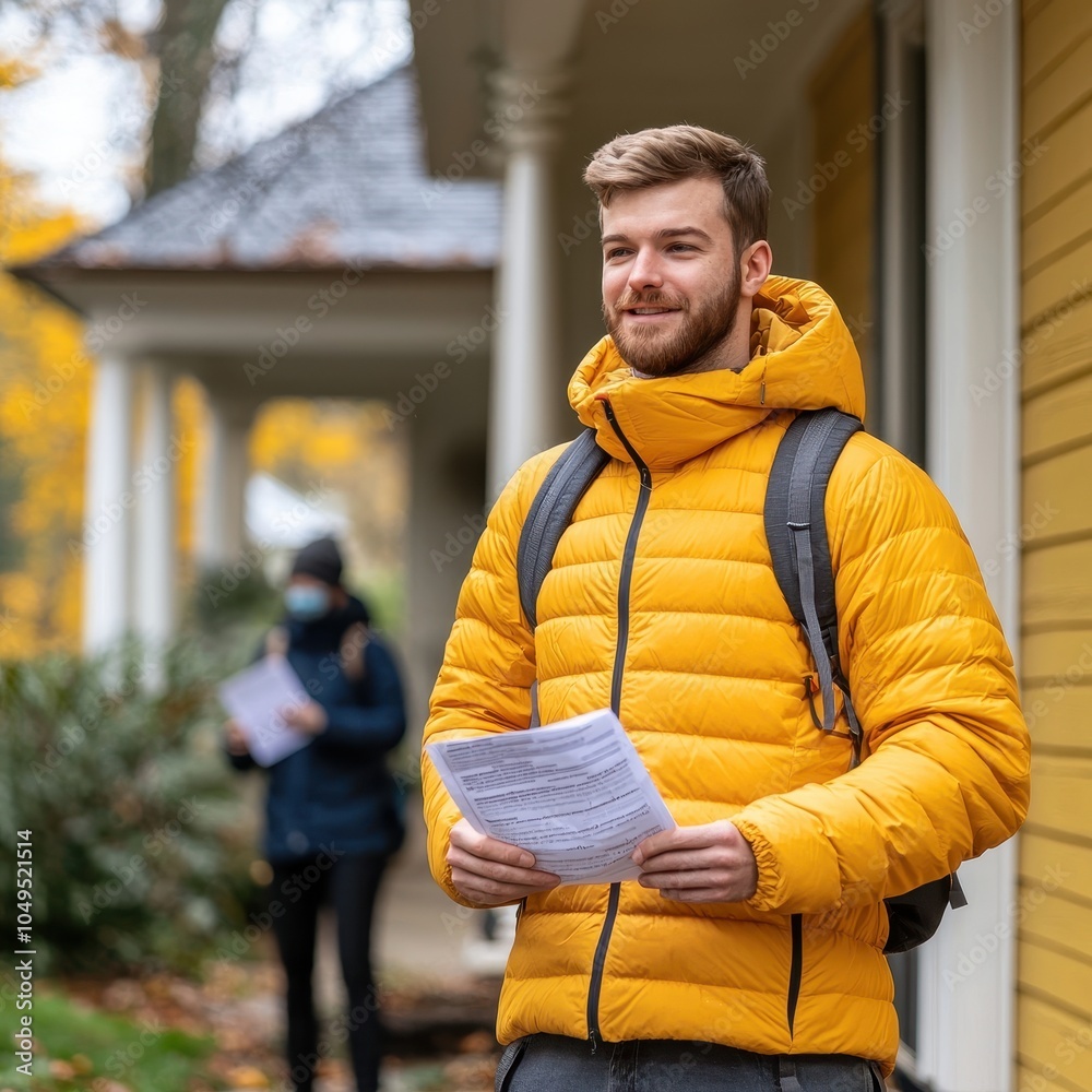 Young man smiling in a bright yellow jacket holding papers outdoors in autumn setting with blurred background. Young man smiling in a bright yellow jacket holding papers outdoors in autumn setting with blurred background.