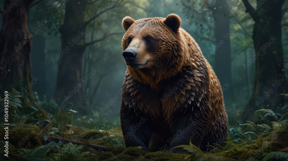 Obraz premium a brown bear adorned with a vibrant collar of colorful feathers. The bear's fur is beautifully detailed, with a rich, earthy tone that contrasts with the vivid hues of the feathers.