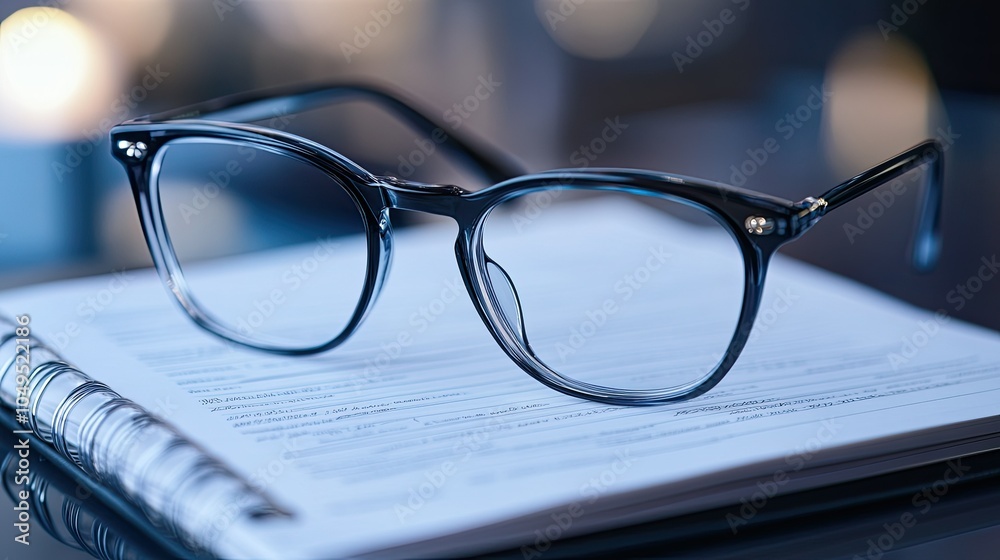 Trendy transparent glasses with a black frame resting on a notebook, representing style and functionality Trendy transparent glasses with a black frame resting on a notebook, representing style and functionality