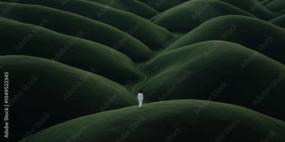 Obraz premium Businessman walking on winding path through rolling green hills