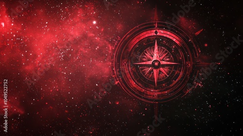 Tech-themed artistic compass against a cosmic backdrop in shades of red and black.
