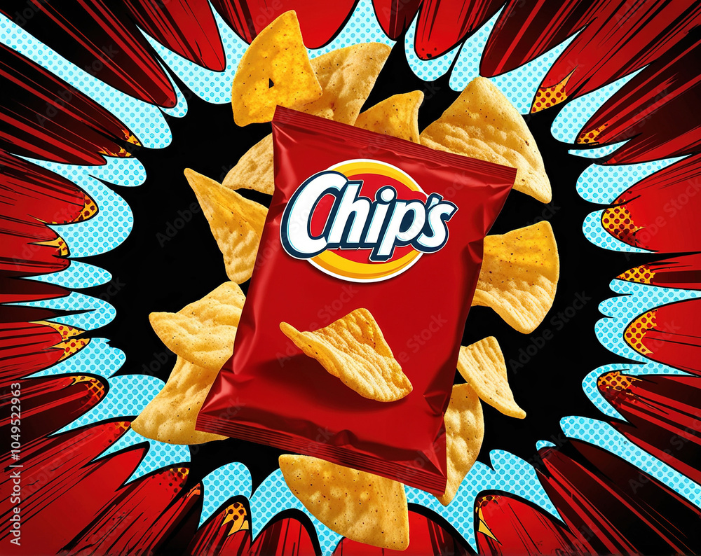 Fototapeta premium Colorful snack explosion with chips bag on vibrant comic-style background during a casual snack time