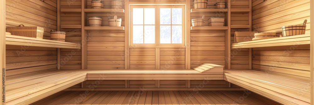 Step into a cozy wooden sauna featuring simple benches and baskets, with sunlight illuminating the warm, inviting interior. Generative AI Step into a cozy wooden sauna featuring simple benches and baskets, with sunlight illuminating the warm, inviting interior. Generative AI