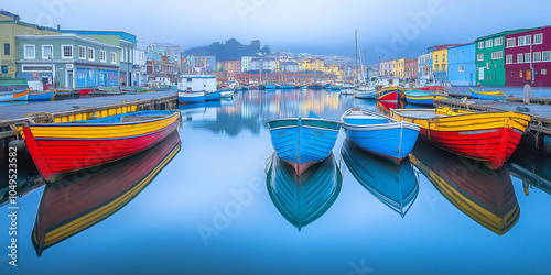 Colorful fishing boats reflecting in the calm water of kalk bay harbor at dawn photo