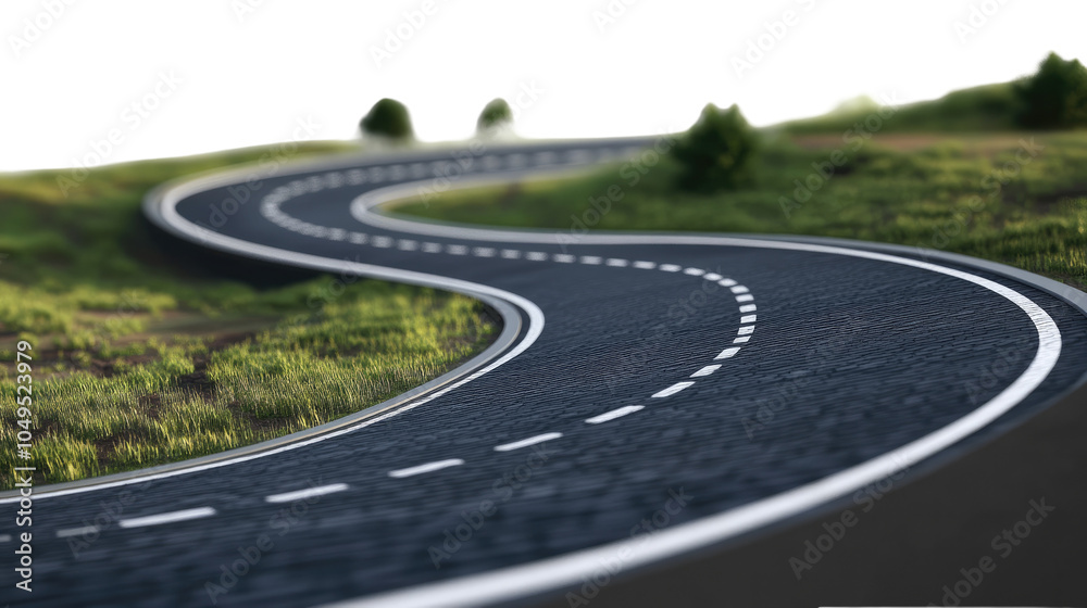 Obraz premium A car driving on an empty asphalt road surrounded by trees and grass under a clear sky
