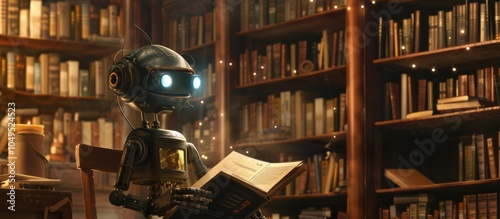 A novelist in a cozy library with an AI assistant as a friendly robot holding a digital manuscript, providing real-time writing feedback. Warm lighting creates serenity. AIG60