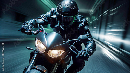 Motorcyclist speeding through a city street at night, wearing black gear and helmet, with bright headlights illuminating the road photo