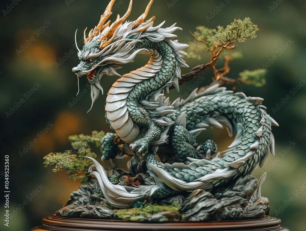 Fototapeta premium Intricate dragon sculpture surrounded by greenery.