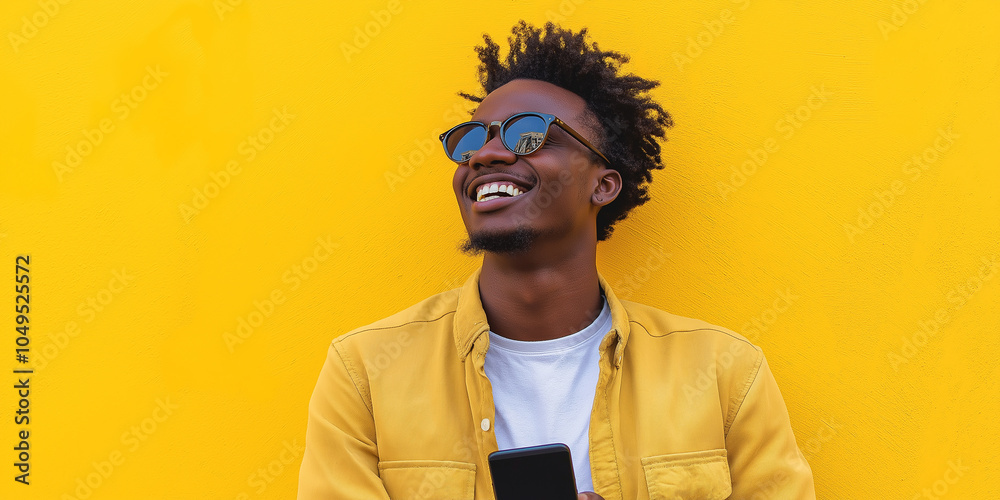 Young man with sunglasses holding smartphone is smiling and looking up against yellow wall Young man with sunglasses holding smartphone is smiling and looking up against yellow wall