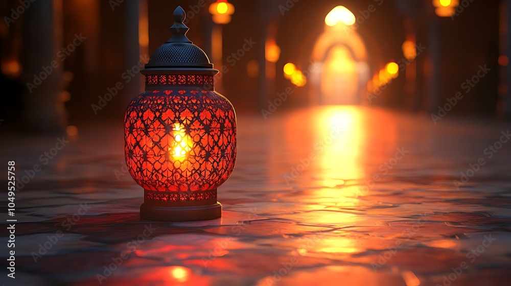 A traditional Moroccan lantern glows with warm light in a dimly lit courtyard, casting intricate shadows on the tiled floor.